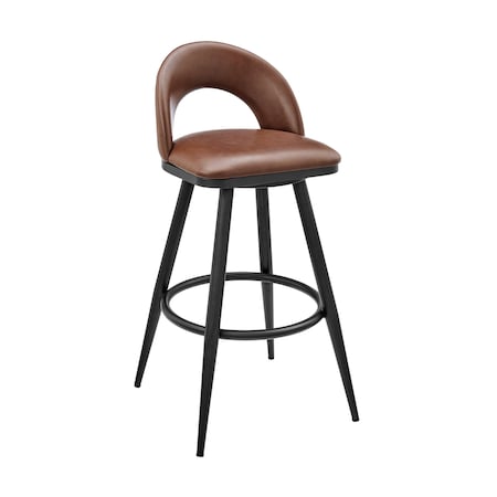 Armen Living Lottech Swivel Bar Stool in Black Metal with Brown Faux Leather 840254335394